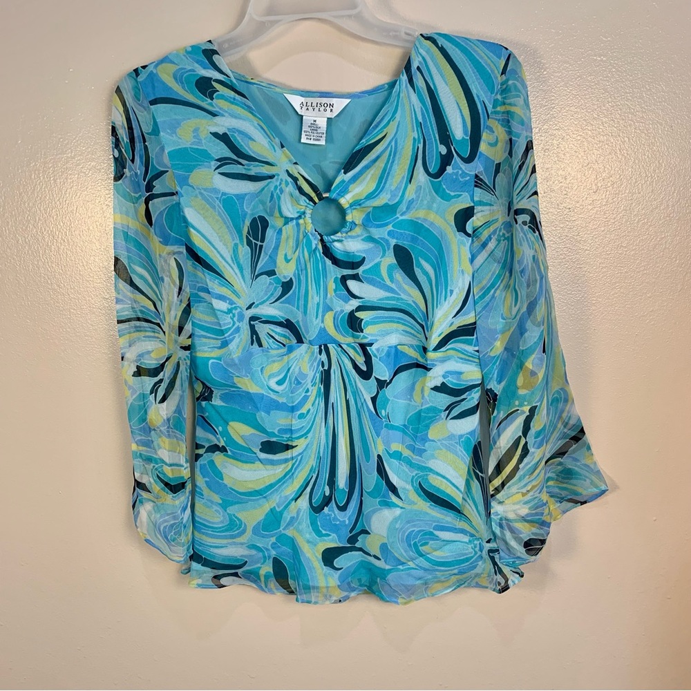 Allison Taylor VTG y2k Printed 100% Silk Blouse - Picture 1 of 14